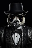 AI generated Panda dressed in a classy modern suit, standing as a confident leader and a powerful businessman. photo