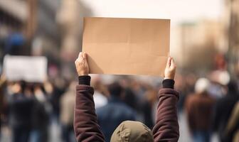 ai generado manifestantes en el calle participación blanco cartulina bandera signo. global Huelga para cambiar, un político foto