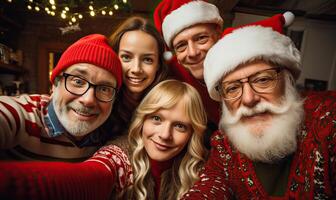 AI generated Happy family people wearing Christmas ugly sweater, Santa hats, make shoot selfie, xmas tree lights photo