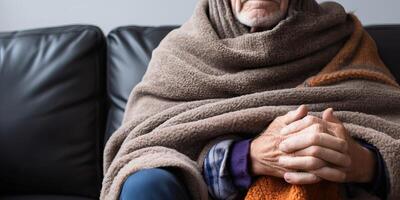 ai generado es frío en el casa en invierno. un mayor persona congelación, fiebre o problema con calefacción. triste foto