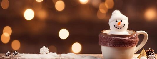ai generado jarra con caliente chocolate o taza cacao, con malvavisco, muñeco de nieve, Navidad invierno decoraciones en foto