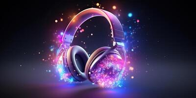 AI generated Stereo headphones exploding in festive colorful splash, sparkles and glitters with vibrant light photo