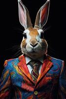 AI generated Rabbit dressed in an elegant multicolored suit with a nice tie. Fashion portrait of an photo