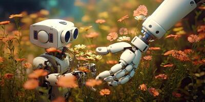 AI generated Little cute robot lost in a field on a beautiful day, discovering the earth and exploring nature photo