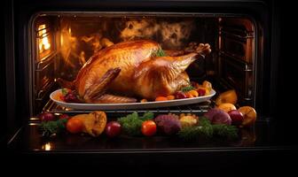 AI generated Christmas or Thanksgiving festive roast turkey, goose stuffed with baked vegetables cooking in an photo