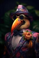AI generated Toucan dressed in an elegant floral suit and a hat. Fashion portrait of an anthropomorphic animal, photo