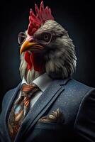 AI generated Chicken dressed in an elegant modern suit with a nice tie. Fashion portrait of an anthropomorphic photo