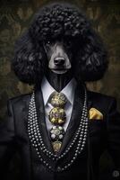 AI generated Dog, black poodle, dressed in an elegant modern suit with a nice scarf, wearing sunglasses. Fashion photo