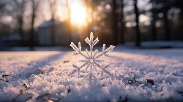 AI generated Winter season outdoors landscape, snowflake shape in nature on a forest ground covered with ice and photo