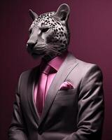 AI generated Panther dressed in an elegant modern suit with a nice pink tie. Fashion portrait of an photo