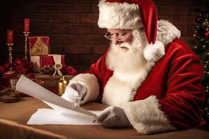 ai generado retrato de sonriente Papa Noel claus se sienta a el mesa y escribe un letra a el niños, leyendo foto