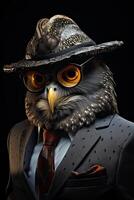 AI generated Owl dressed in an elegant modern suit with a nice tie. Fashion portrait of an anthropomorphic animal photo