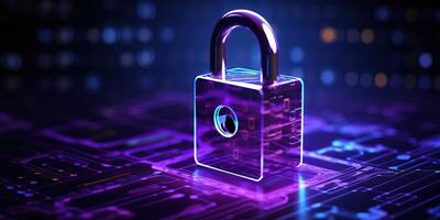 AI generated Digital padlock for computing system on dark purple blue background, cyber security technology for photo