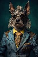 AI generated Dog dressed in an elegant modern suit with a nice tie. Fashion portrait of an anthropomorphic animal photo