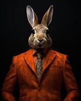 ai generado Conejo vestido en un elegante moderno naranja traje, Corbata y lentes. Moda retrato de un foto