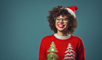 ai generado alegre contento mujer vistiendo un Navidad suéter, Papa Noel sombreros, aislado en llanura color estudio foto