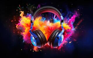 AI generated Stereo headphones exploding in festive colorful splash, dust and smoke with vibrant light effects on photo
