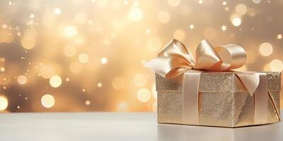 AI generated Gift box on table with snow, blur Christmas tree and golden festive bokeh light background for photo