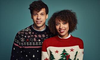 AI generated Young happy couple friends, man woman wear Christmas ugly sweater Santa hat posing spread hands photo