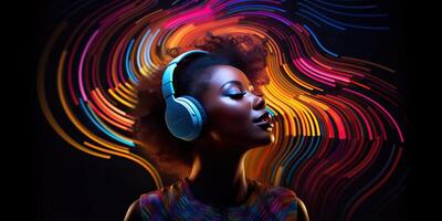 ai generado africano mujer vistiendo auriculares, disfrutando música fluir, sensación emociones en vibrante color vibras, foto