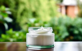 AI generated luxury cosmetic open cream jar on the table with green leaves in natural background photo