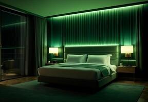 AI generated Illustration of the 3d green bedroom interior photo