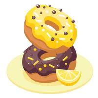 Donuts with lemon and chocolate glaze and sprinkles. Doughnuts with lemon and chocolate in a pastry sprinkle on a plate. Vector illustrated clipart.