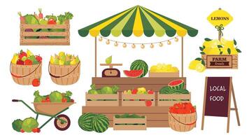 A set of illustrations of farm vegetables, fruits and a street shopping stall. A farmer's wheelbarrow with local food. Watermelons, apples, lemons in the farmer's market. Vector clipart.