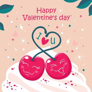 un saludo tarjeta con dos cerezas en amor y el inscripción contento San Valentín día. un amoroso Pareja de riendo cerezas. ilustrado vector clipart.