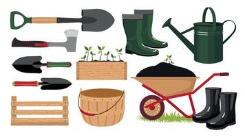 A set of garden tools. A cart, a shovel, a watering can, a box, rubber boots and more. Gardening items and tools. Vector illustrated clipart.