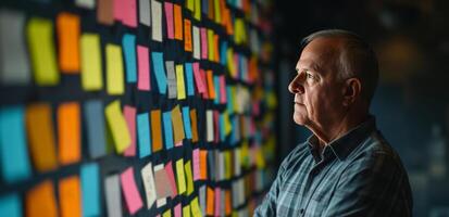 AI generated A man in front of a wall full of notes with financial ideas, thinking about the best way to save money photo