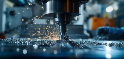 AI generated CNC machine cutting metal with sparks and debris in industrial workshop photo