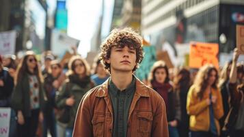 AI generated a Gen Z activist leading a climate change protest in a bustling city square photo