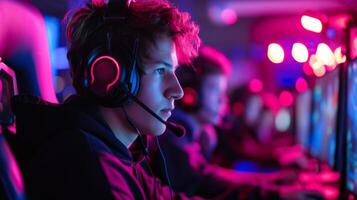 ai generado joven esports competidor con juego de azar engranaje en un neón juego de azar lugar de eventos foto