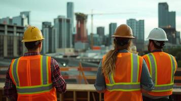 AI generated Construction Engineers and Workers in Safety Briefing on High-Rise Building Site photo