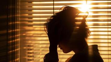 AI generated Sad man with hand on forehead by window, light and blinds photo