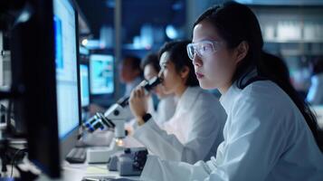 AI generated Data-driven science team discussing research strategies and using sophisticated equipment in a laboratory. photo