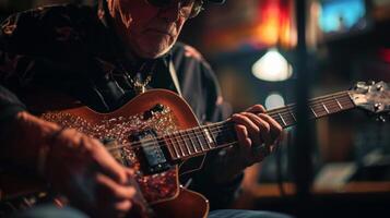 ai generado bebé boomer hombre jugando blues guitarra en escenario, oscuro ligero y emoción foto