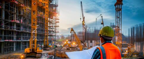 AI generated Engineer inspecting blueprint on a busy construction site with cranes and bulldozers photo