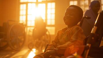 AI generated a child with polio smiling as they undergo physical therapy exercises photo