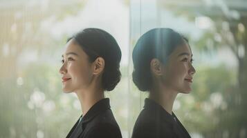 AI generated A lady in a business attire contemplating her decision with two reflections photo