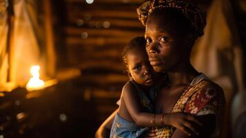 ai generado malaria afecta un pobre familia en un humilde hogar con un vela como el solamente ligero fuente foto