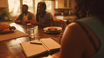 ai generado un cena mesa conversacion dónde un familia Comparte su Sueños y planes foto