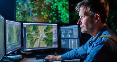 AI generated Satellite image of Amazon rainforest deforestation analyzed by environmental engineer on monitors photo