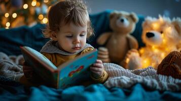 AI generated Magical journey of Gen Alpha child with picture book, cozy blanket and stuffed animals photo