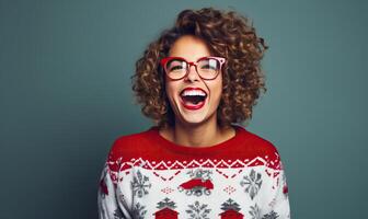AI generated Cheerful happy woman wearing a Christmas sweater, isolated on plain colour studio background. New photo