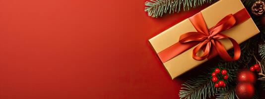 AI generated Christmas and New Year Holiday Background with red gold Gifts, Greeting Card, wide banner, festive photo