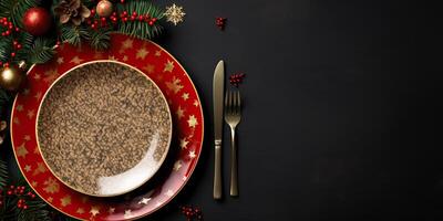 AI generated Elegant christmas table setting in gold red color for holiday dinner. Christmas or New Years photo