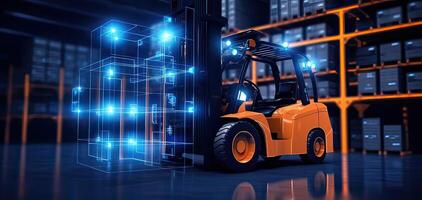 AI generated Forklift doing storage in warehouse by artificial intelligence automation. Robotics applied to photo