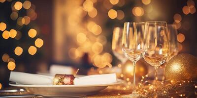 ai generado hermosa mesa ajuste para Navidad cena a hogar en borroso luces fondo, festivo bandera foto